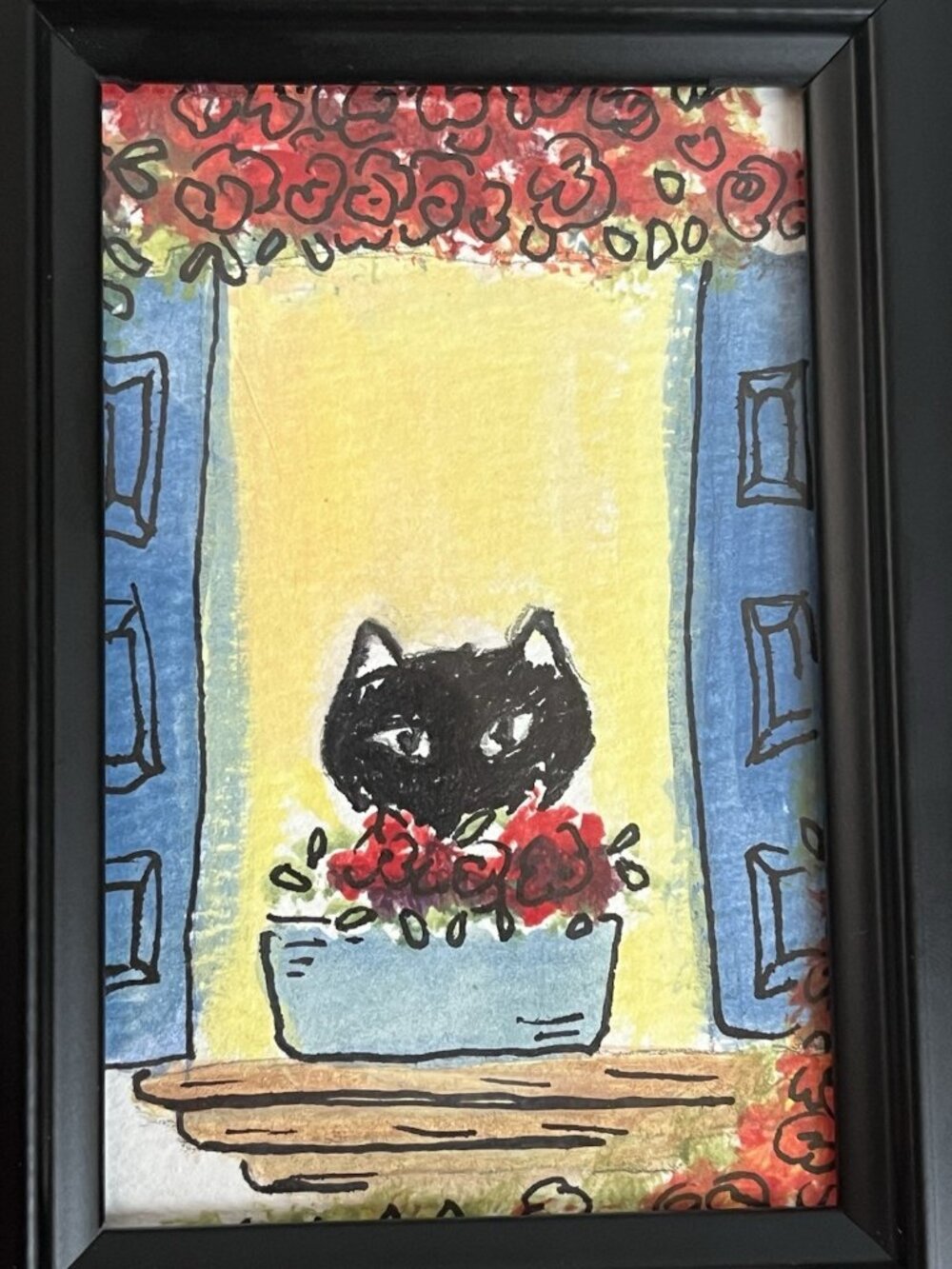 Whimsical Black Cat original miniature painting mini framed art 3.5" x 4/34" - Picture 4 of 5